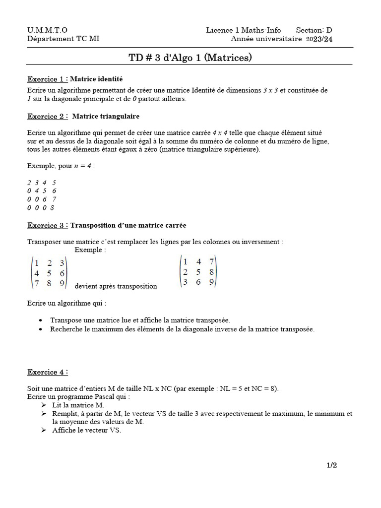 Algorithmes sur Matrices en Pascal | PDF | Matrice (Mathématiques ...