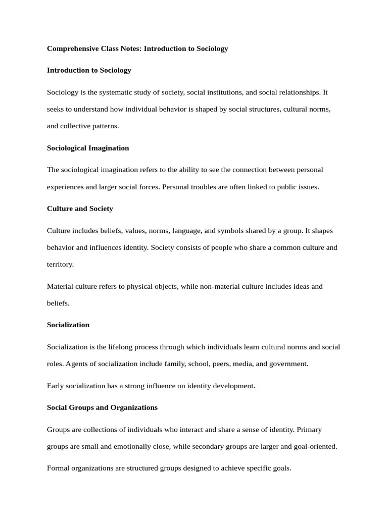 Introduction to Sociology Class Notes | PDF