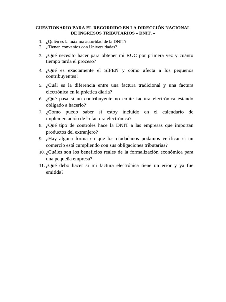 Cuestionario sobre la DNIT y Facturación | PDF