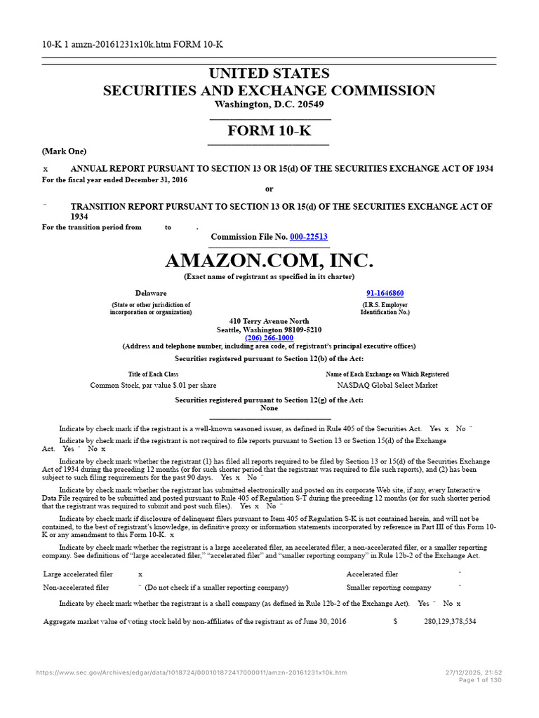 Amazon 2016 Annual Report 10-K | PDF | Form 10 K | Inventory
