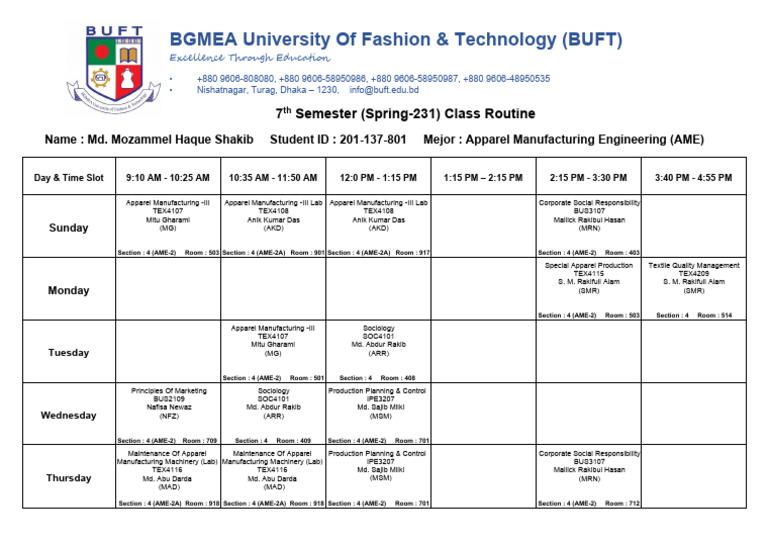 201-137-801 7th Semester Class Rutine (BUFT) | PDF