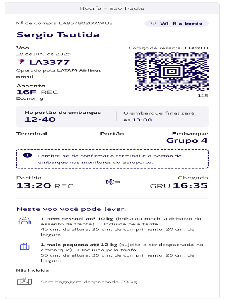 Cartão - de Embarque - Sergio - T - LA3377 | PDF