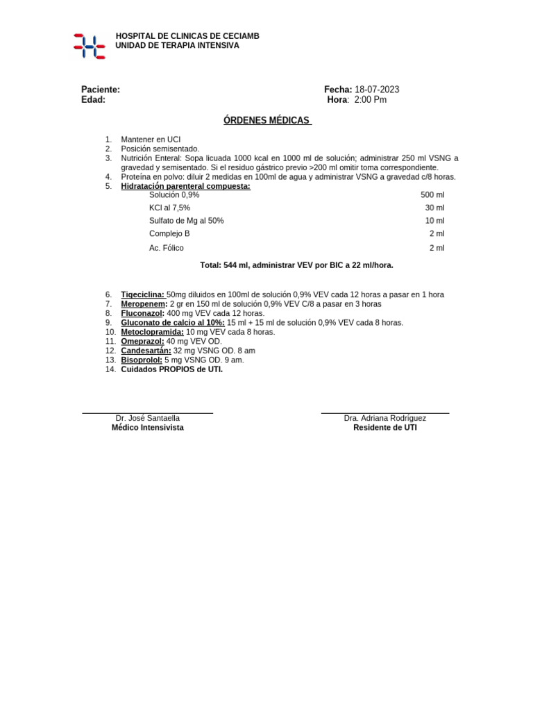 Órdenes Médicas UCI - Hospital Ceciamb | PDF
