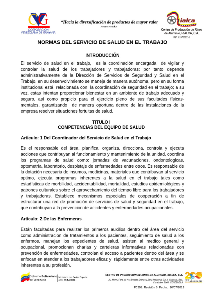 Norma Del Servicio de Salud en El Trabajo RIALCA Agosto 2013 DEFINITIVO ...