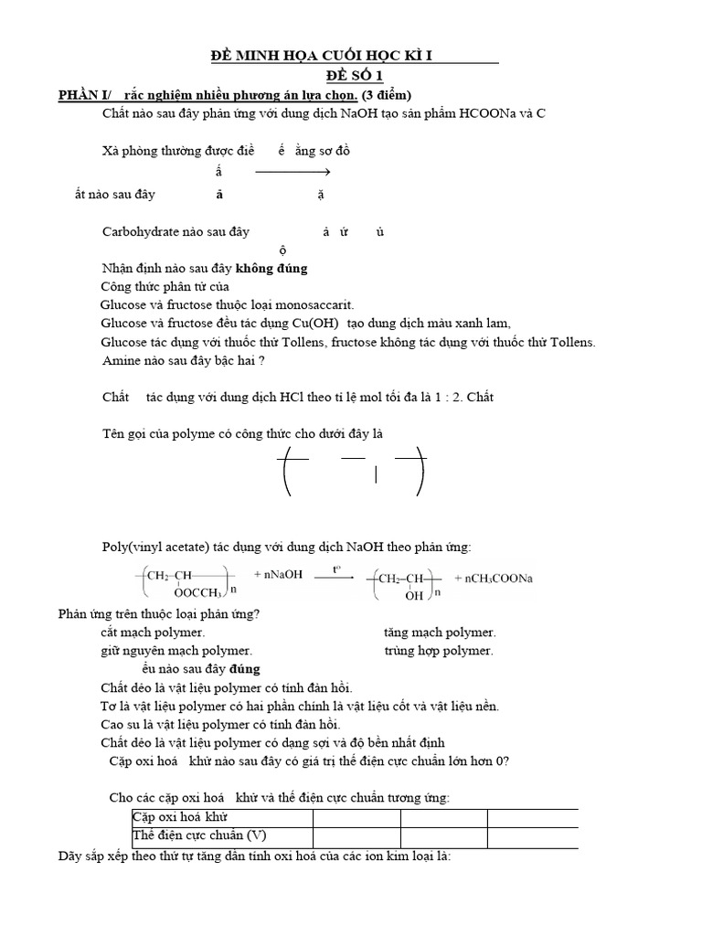 De On Tap CK 1 Mon Hoa Hoc Lop 12 | PDF