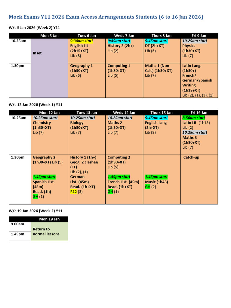 Y11 2026 Mock Exam Schedule & Guidelines | PDF