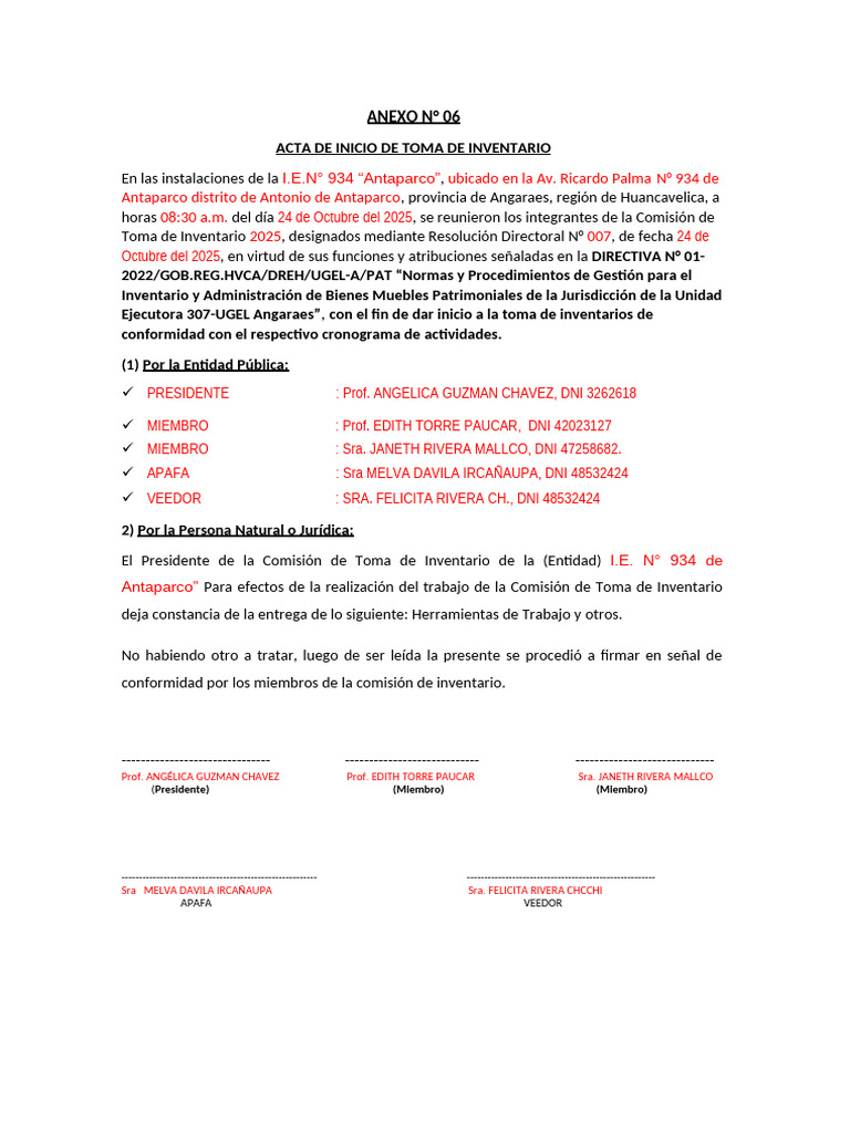 3. ANEXO N° 06 - ACTA DE INICIO DE TOMA DE INVENTARIO (1) | PDF