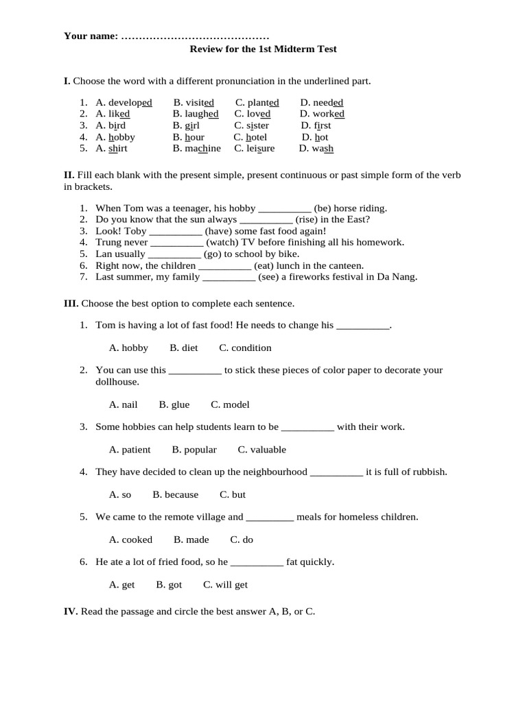 Midterm Test Review: English Pronunciation & Grammar | PDF