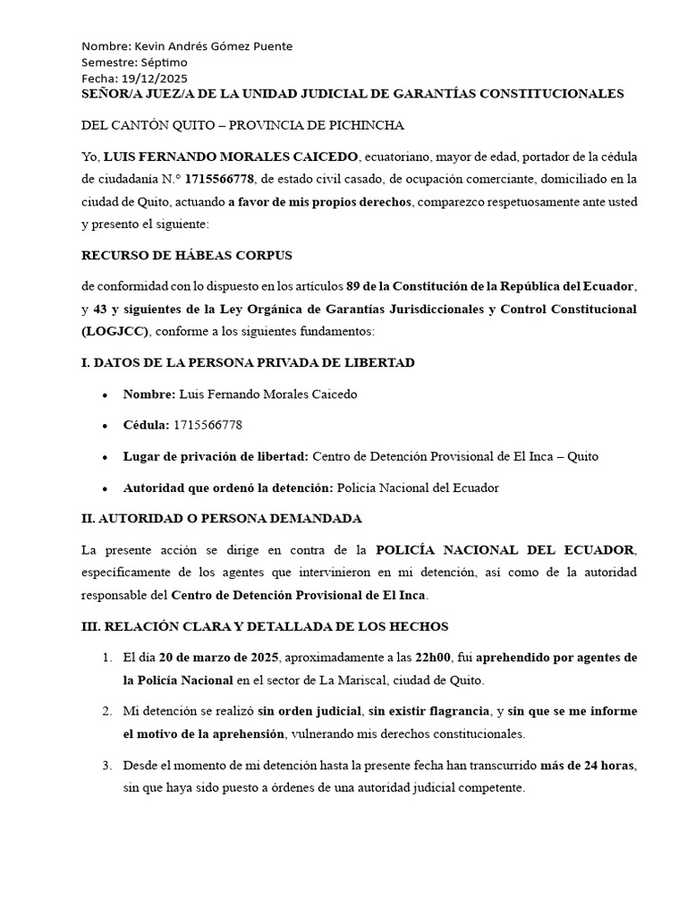 Recurso de Hábeas Corpus en Quito | PDF | Habeas corpus | Debido al proceso