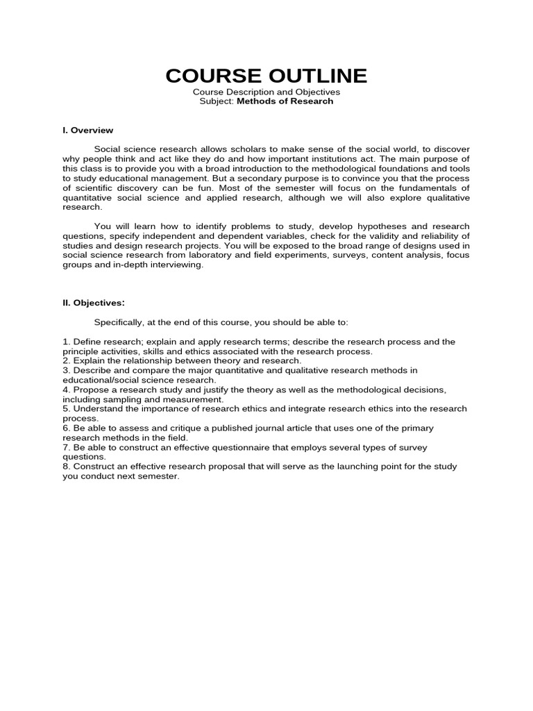 Course Outline Mor 2023 1stsem | PDF | Methodology | Qualitative Research