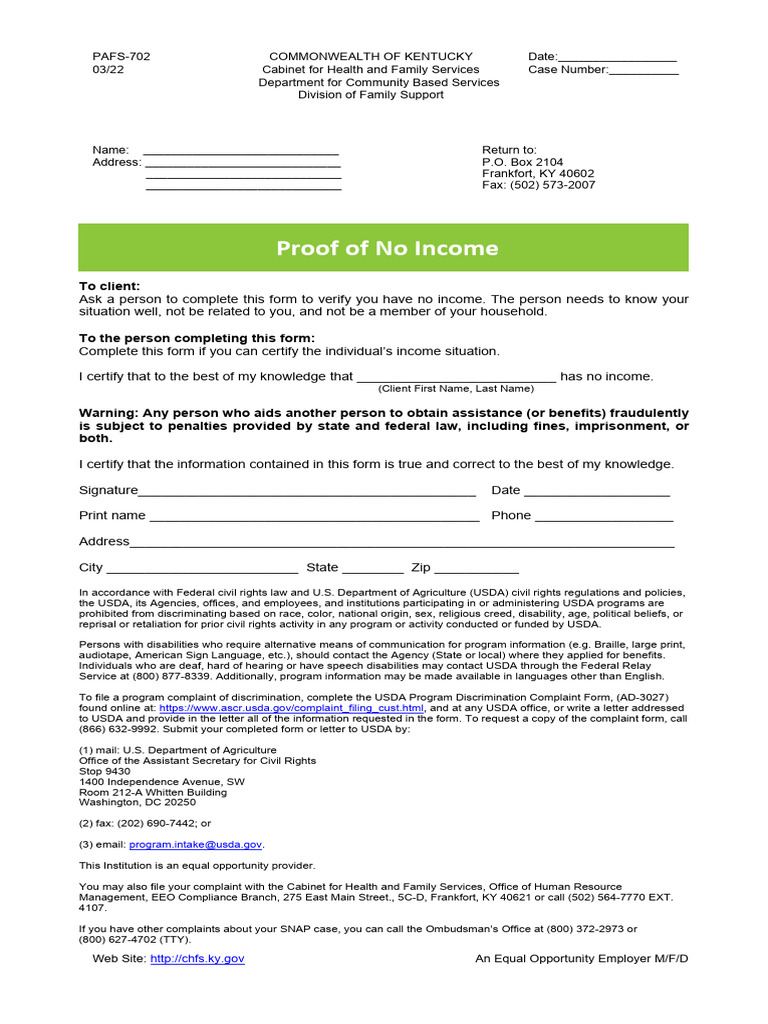 Proof of No Income Certification Form | PDF | United States Department ...