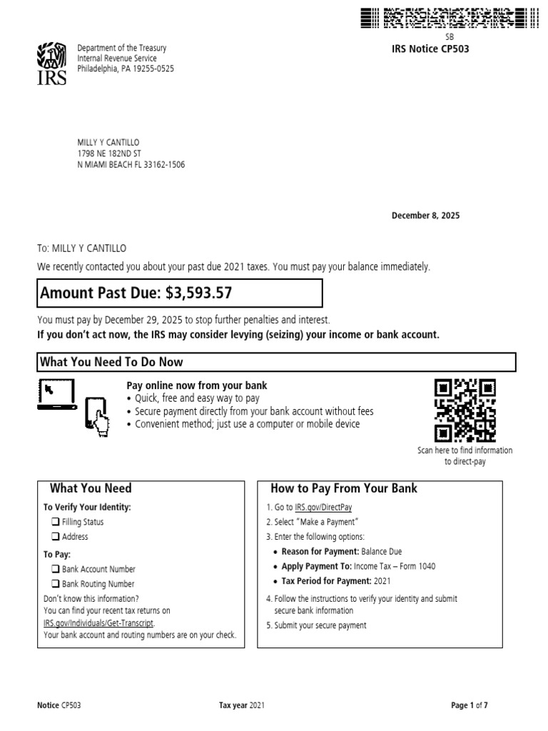 IRS Notice CP503: 2021 Tax Due Reminder | PDF | Internal Revenue ...