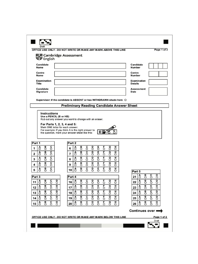 PET Reading Answer Sheet | PDF