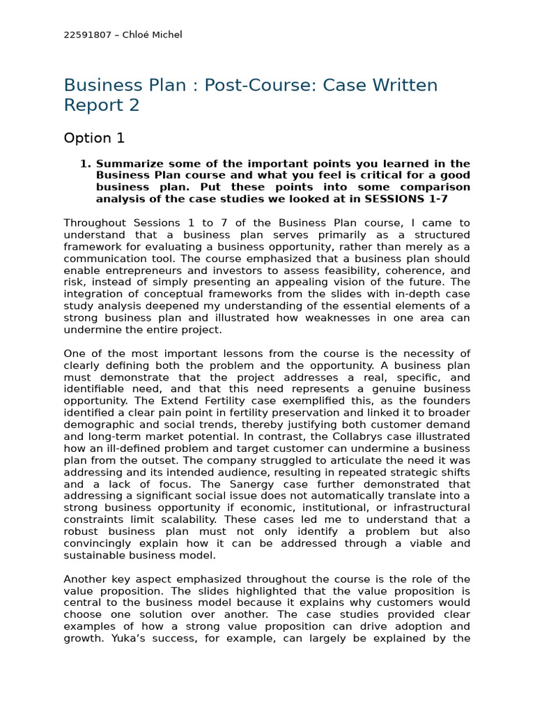 Business Plan - Post-Course - Case Written Report 2 | PDF ...