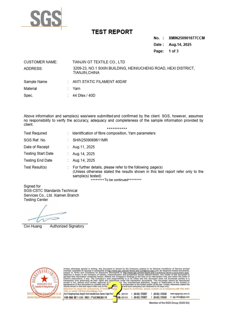 Anti-Static Polyester Yarn Test Report | PDF | Materials