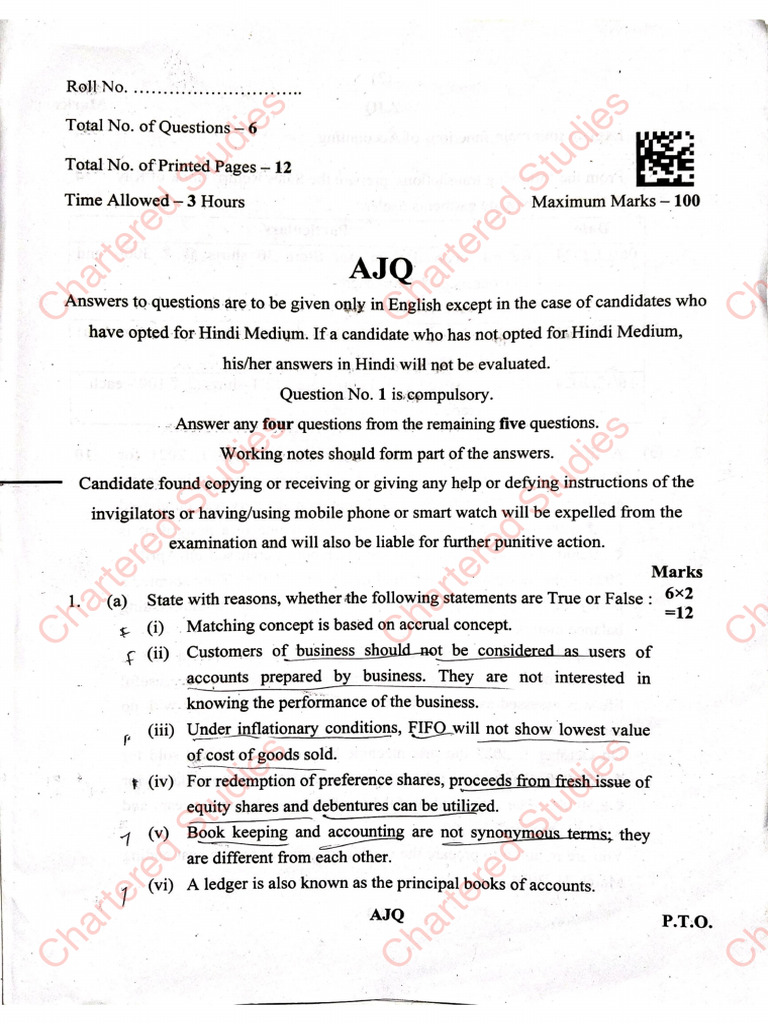 CA Foundation Account Exam Question Paper For January 25 | PDF