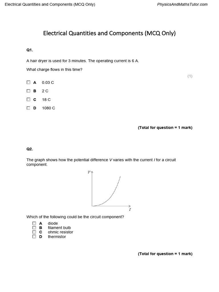 Electrical Quantities MCQ Practice Test | PDF | Electric Current ...