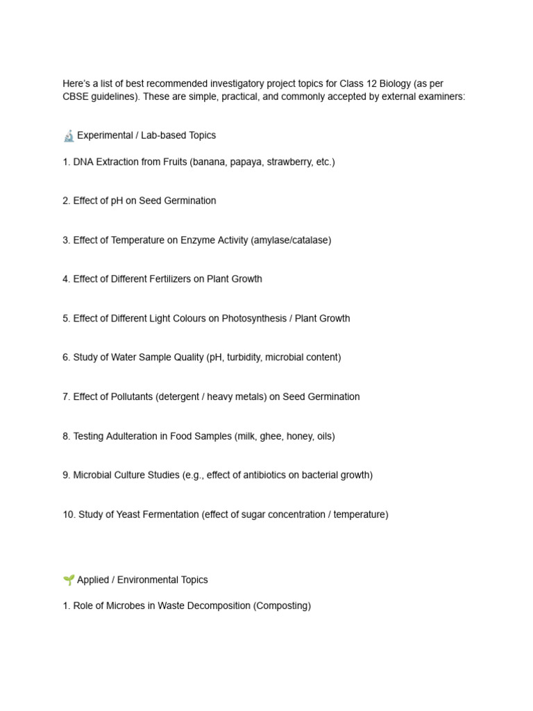 Class 12 Biology Project Ideas | PDF