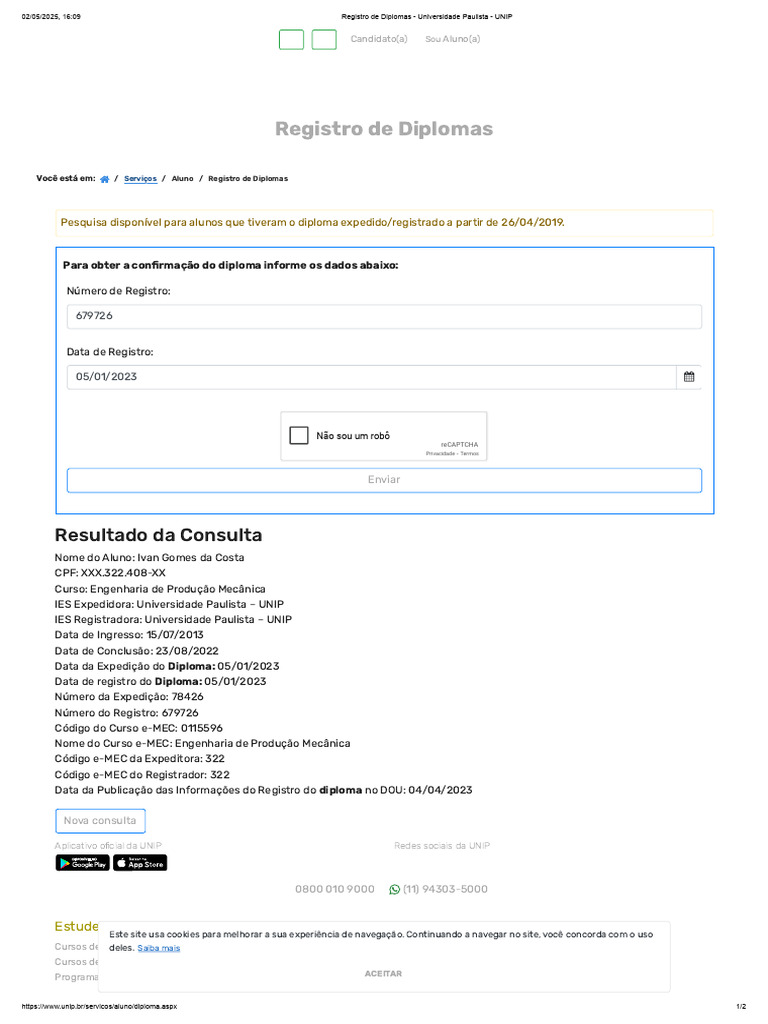 Registro de Diplomas UNIP Online | PDF