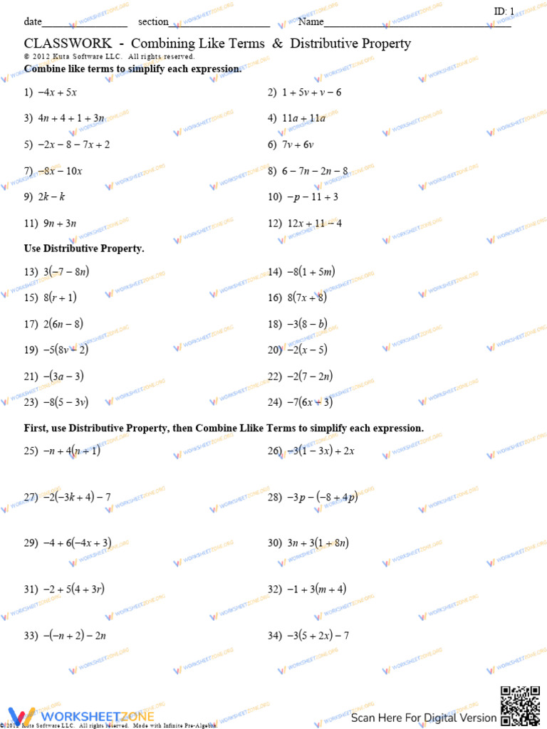 Combine Like Terms_ Distributive Property | PDF