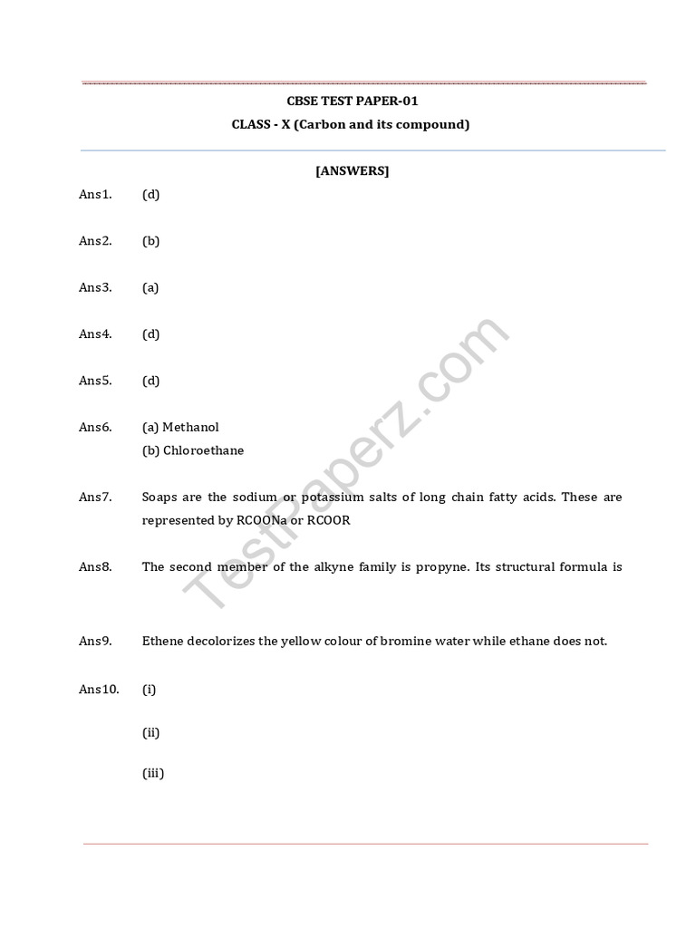 CBSE Class X Carbon Compounds Test Paper | PDF | Ester | Chemical ...
