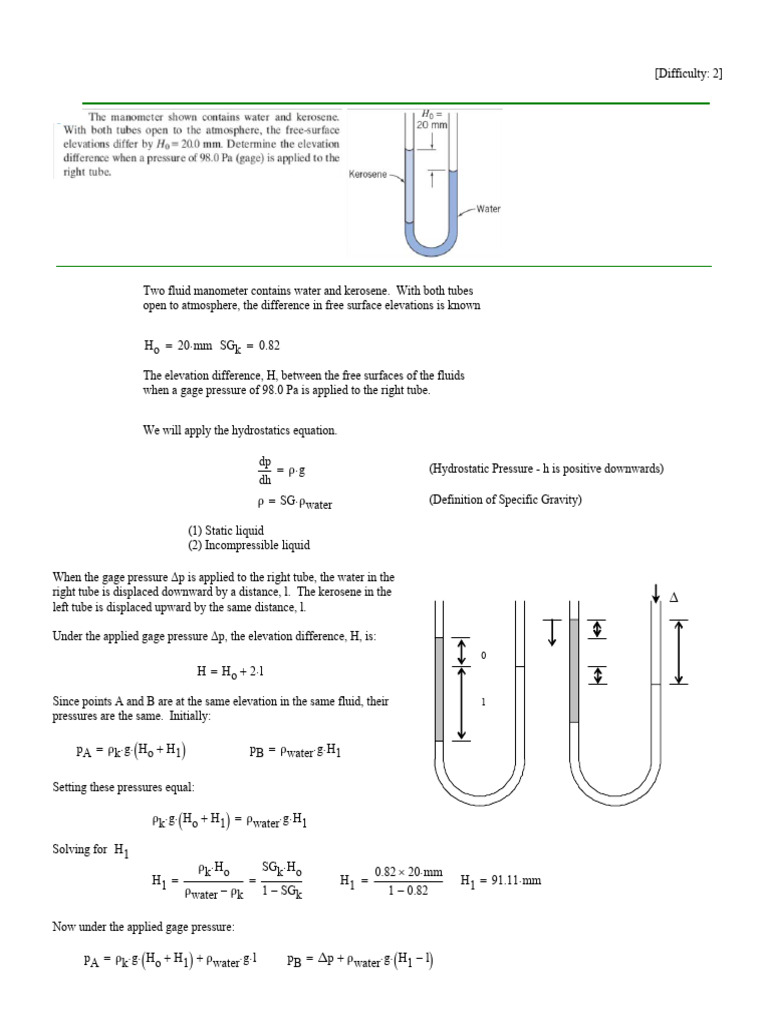 Manometer Fluid Elevation Calculations | PDF | Pressure | Pressure ...