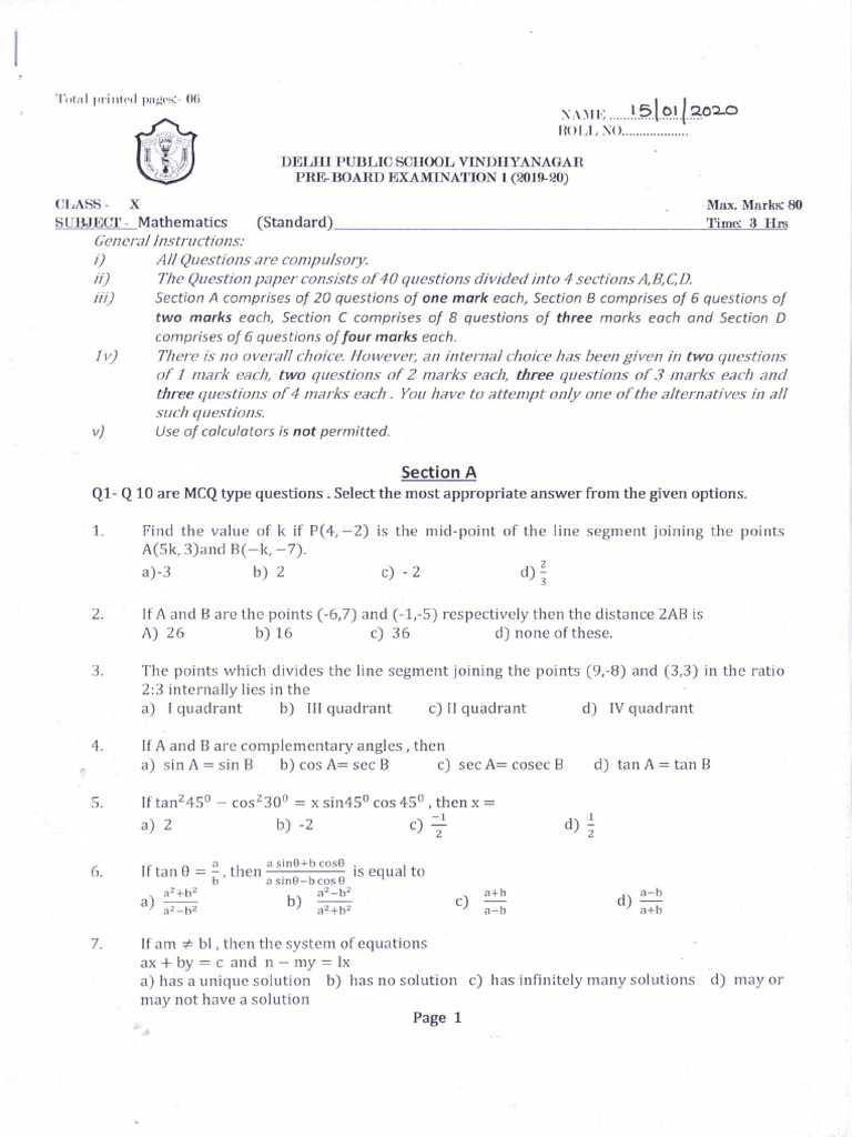 CBSE 10th Pre Board Exam Model Question Paper 13 - Maths (STD) | PDF