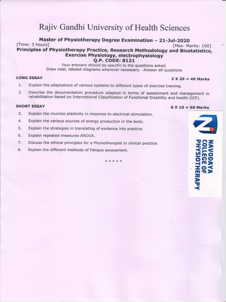 Rguhs Mpt July 2020 Qp | PDF