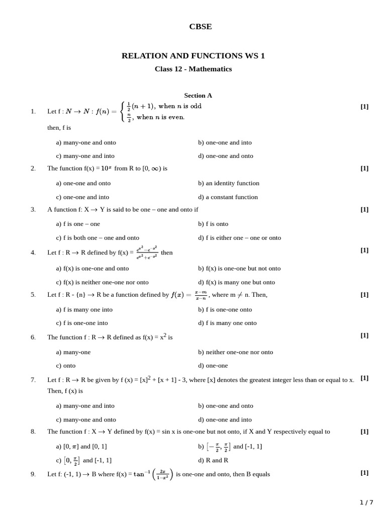 Relations and Functions WS 1 (One-One functions) | PDF | Function ...