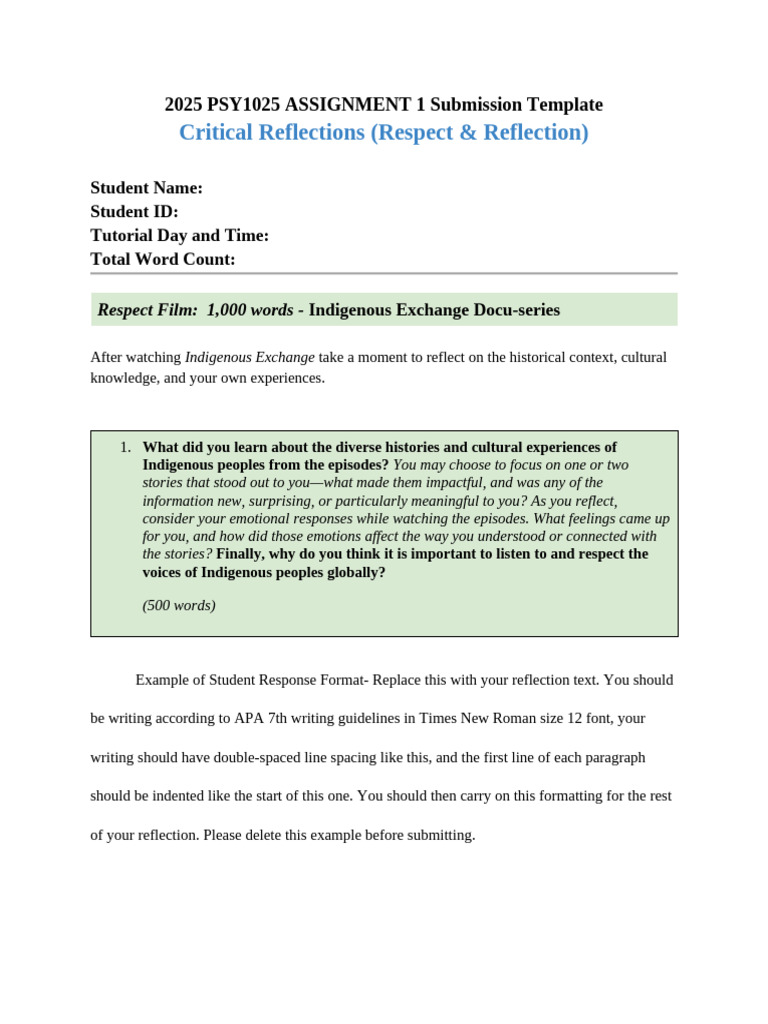 PSY1025 Critical Reflection Template | PDF | Experience | Attention