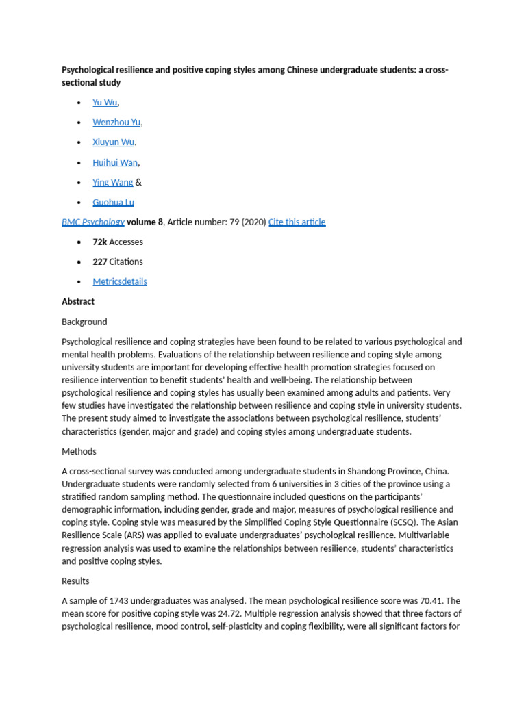 Psychological Resilience and Positive Coping Styles Among Chinese ...