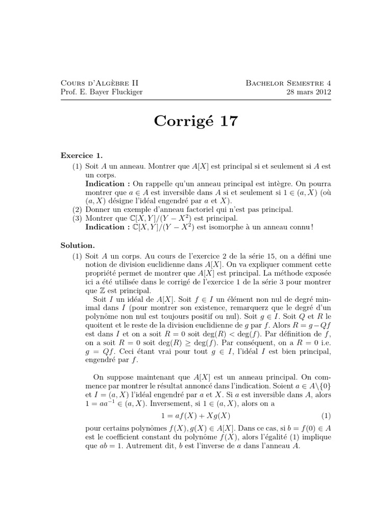 Algèbre II : Anneaux et Idéaux Principaux | PDF | Corps commutatif ...