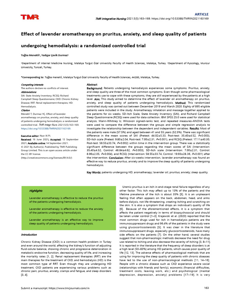 Effect of Lavender Aromatherapy on Pruritus, Anxiety, And Sleep Quality ...