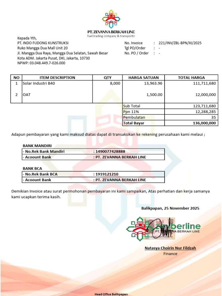 Invoice Pembayaran Solar dan OAT | PDF