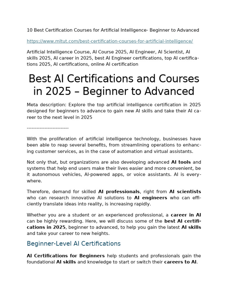 Best AI Certifications and Courses in 2025beginner To Advanced | PDF ...