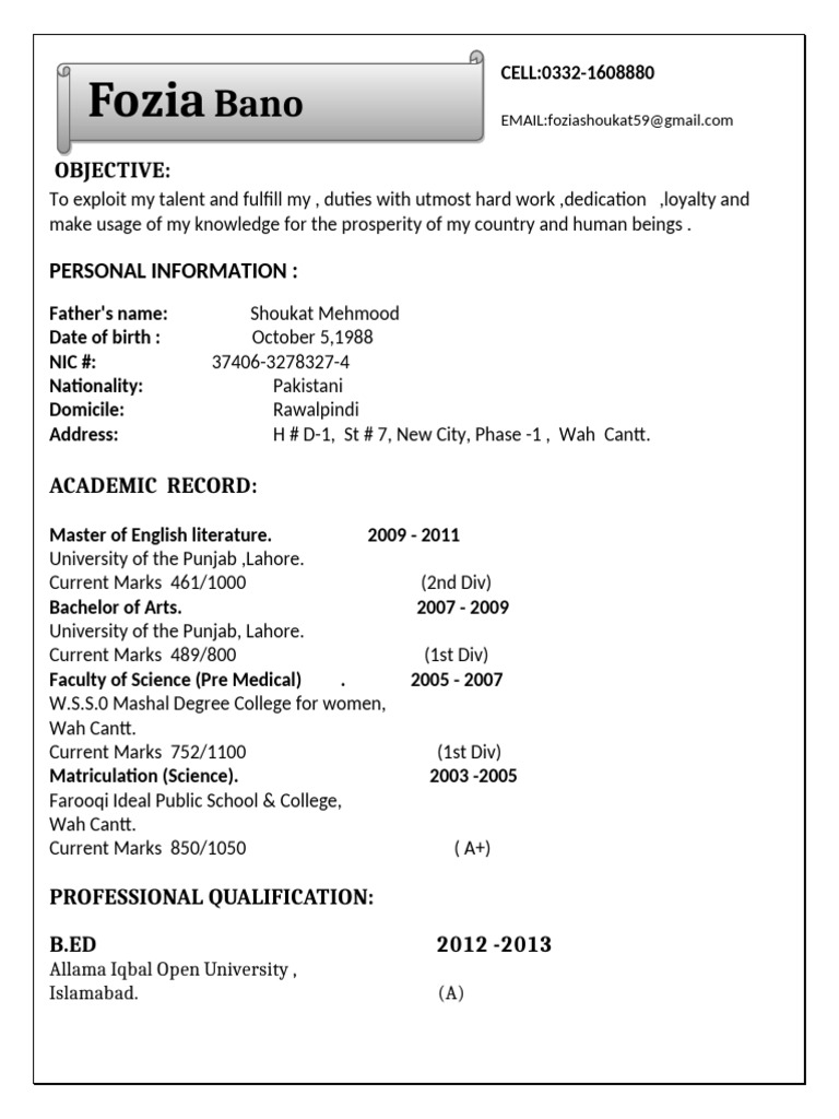 Fozia Bano's Teaching CV and Qualifications | PDF