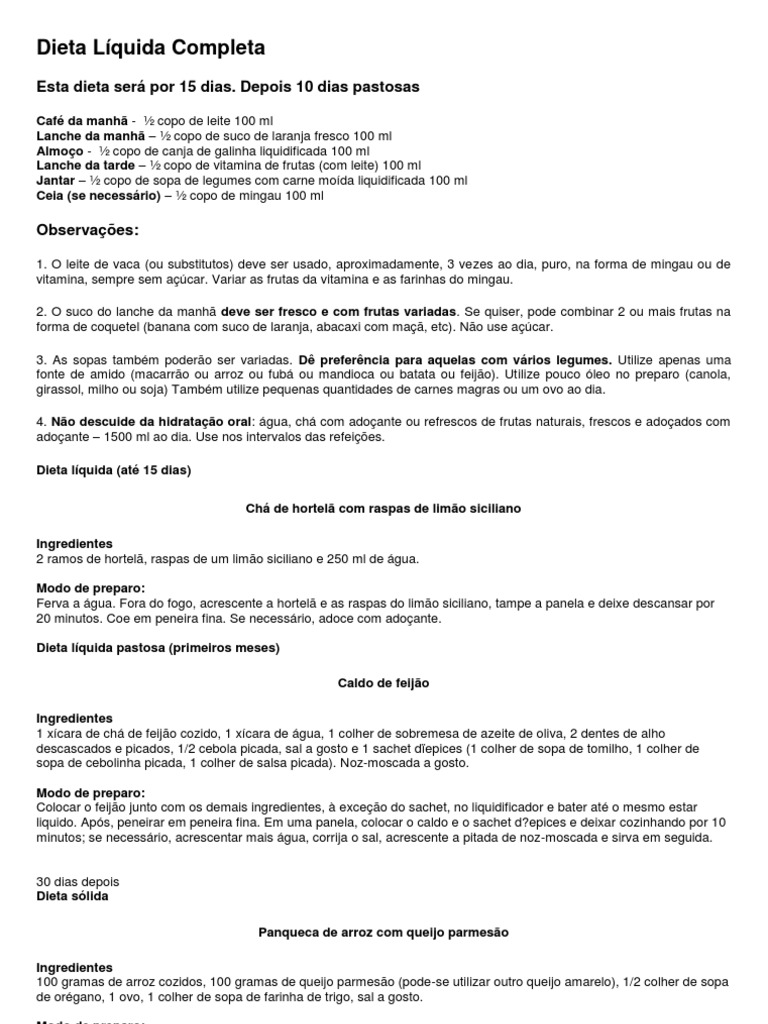 Cardápio de Dieta Líquida Completa | PDF | Caldo | Suco