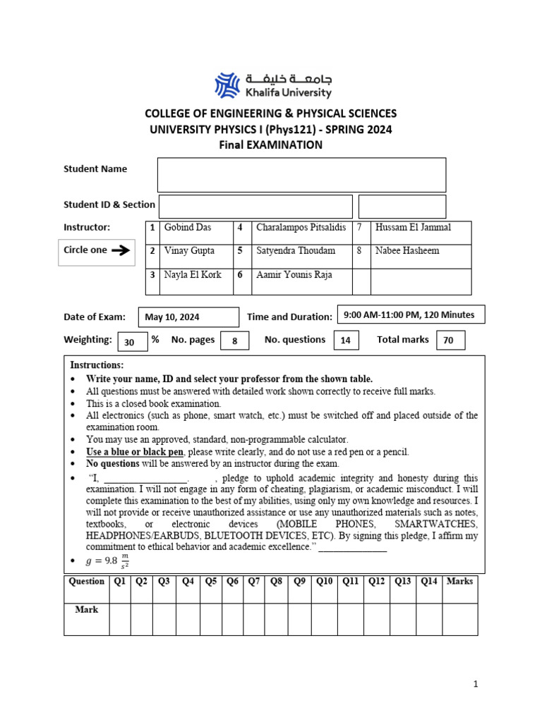 Phys121 Spring 2024 Final Exam Guide | PDF | Classical Mechanics | Physics