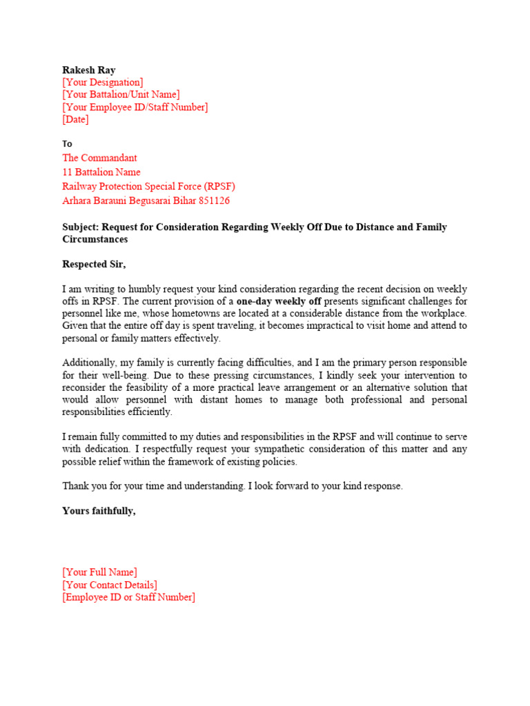Weekly Off Request Due to Distance | PDF