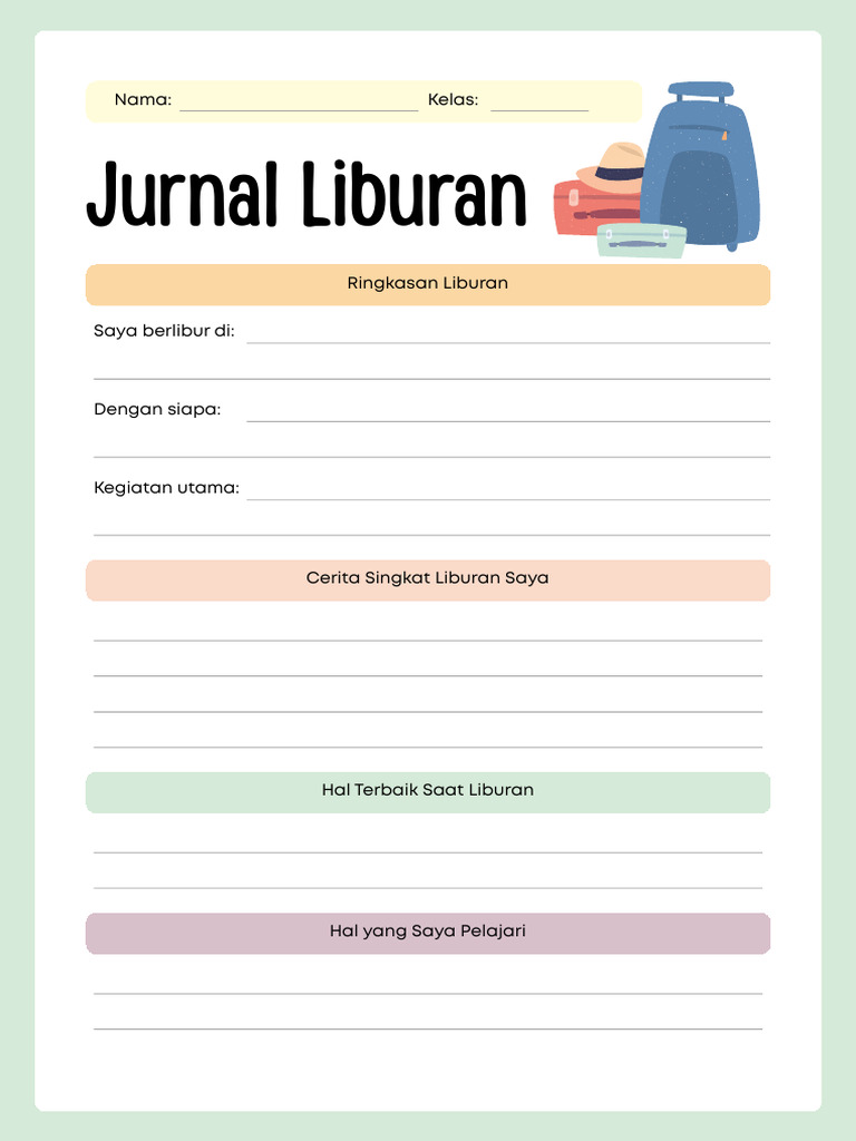 Lembar Kerja Jurnal Liburan Dalam Gaya Ilustratif Sederhana Warna-Warni ...
