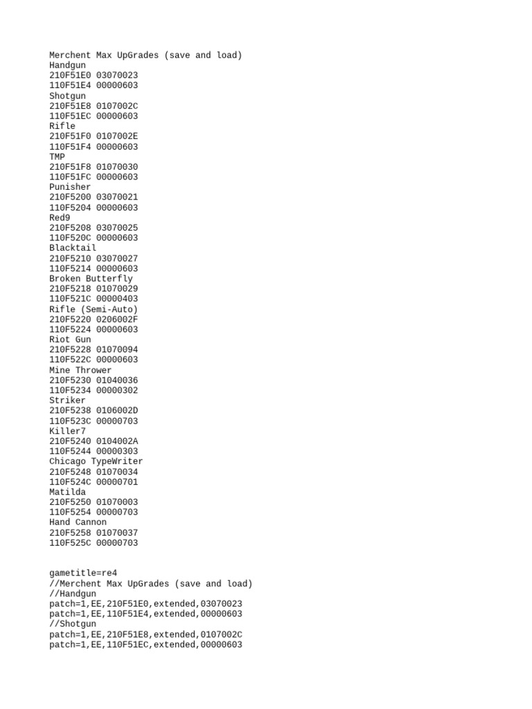 RE4 Merchant Max Upgrade Codes | PDF