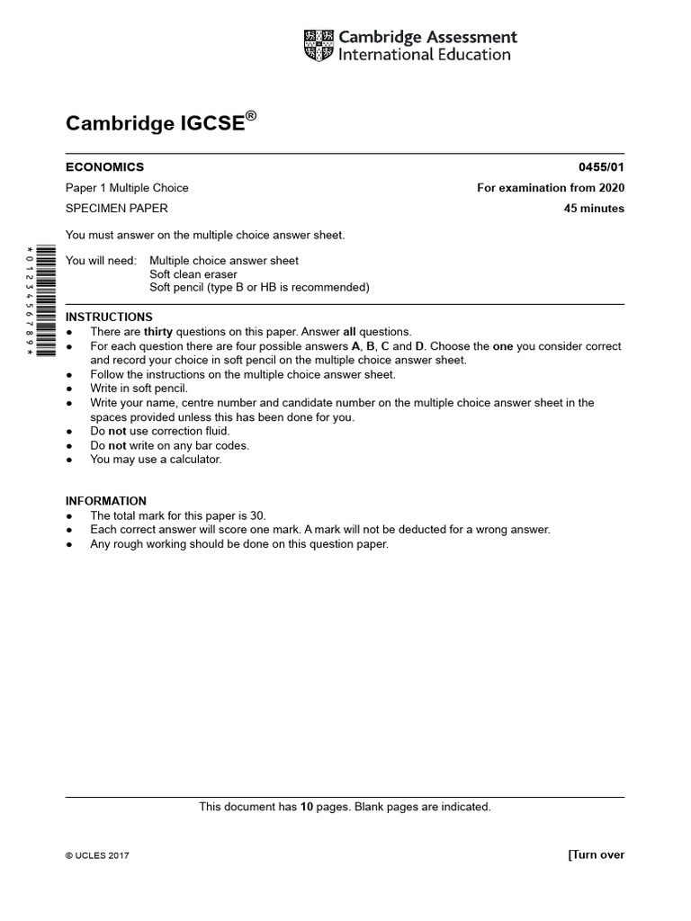 Cambridge IGCSE Economics Specimen Paper | PDF | Cost Of Living | Taxes