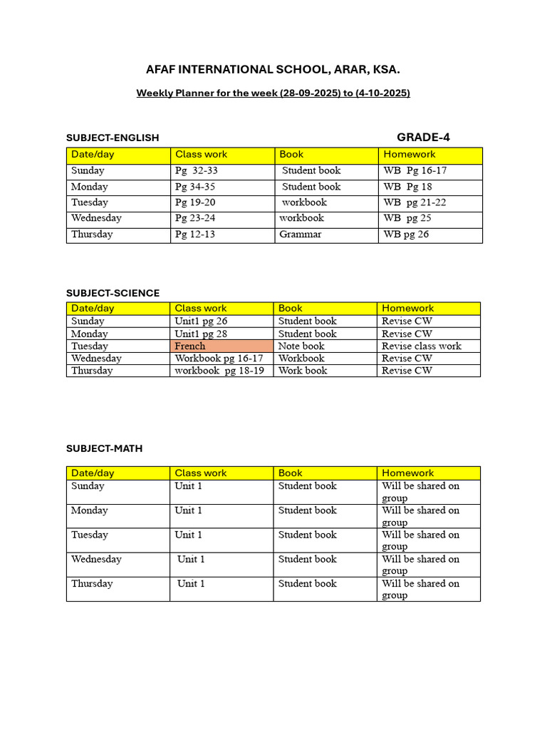 Weekly Planner for Grade 4 - AFAF School | PDF