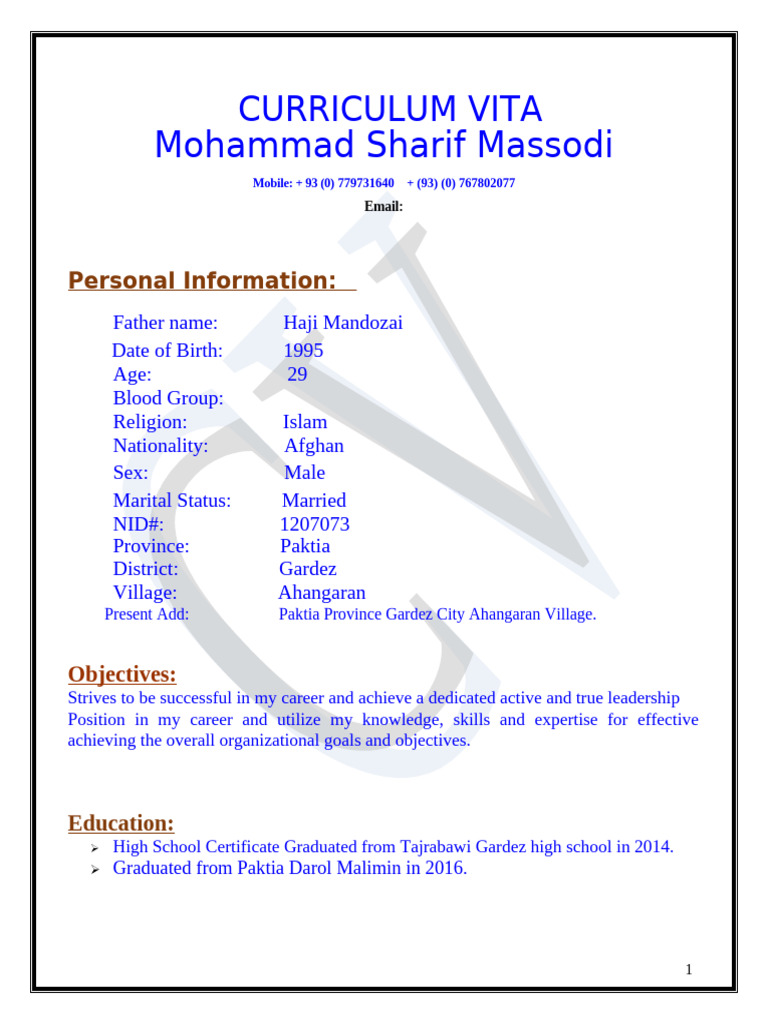 Mohammad Sharif Massodi CV | PDF