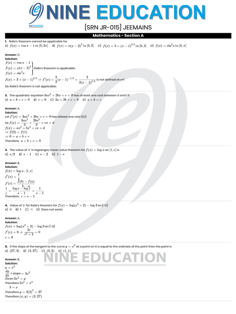 JEEMains Mathematics Solutions and Theorems | PDF | Collision | Slope