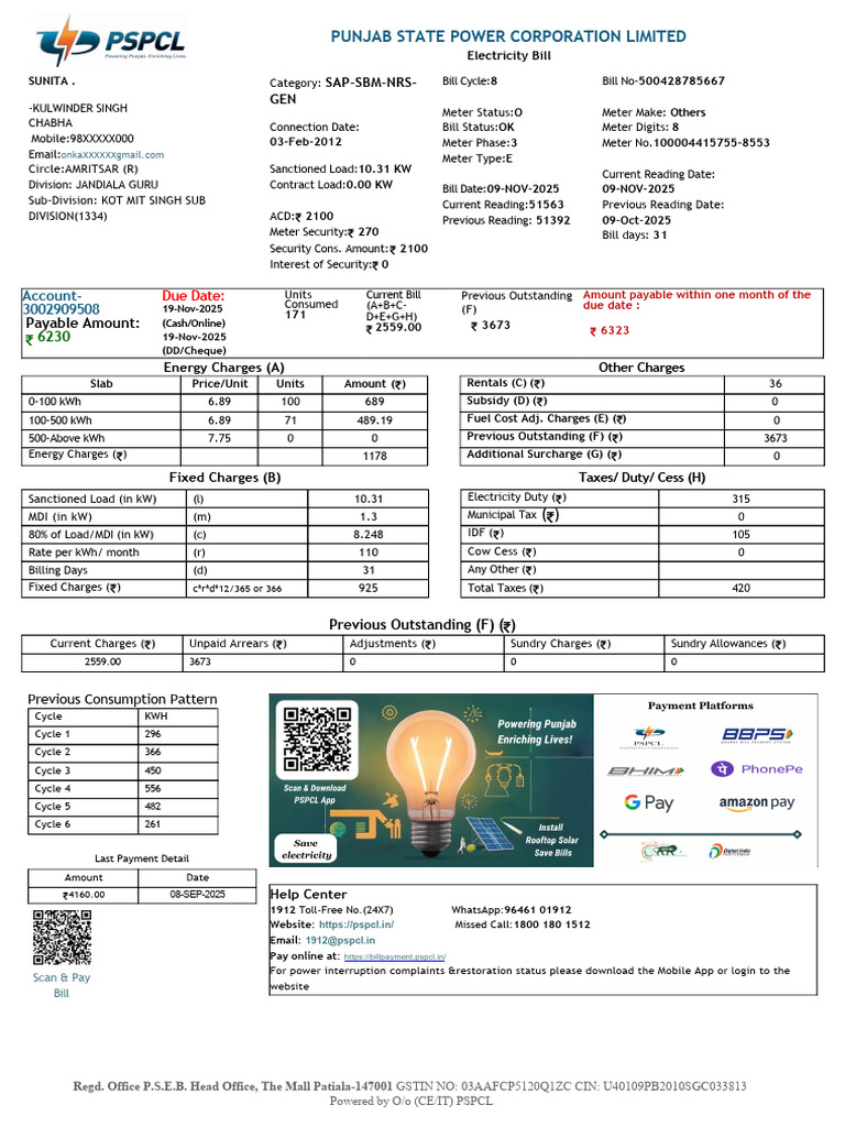 PSPCL Bill ENG 3002909508 | PDF | Power (Physics) | Electric Power