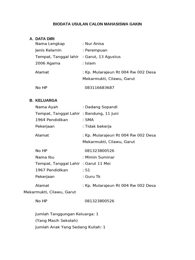 Biodata Calon Mahasiswa Gakin Nur Anisa | PDF