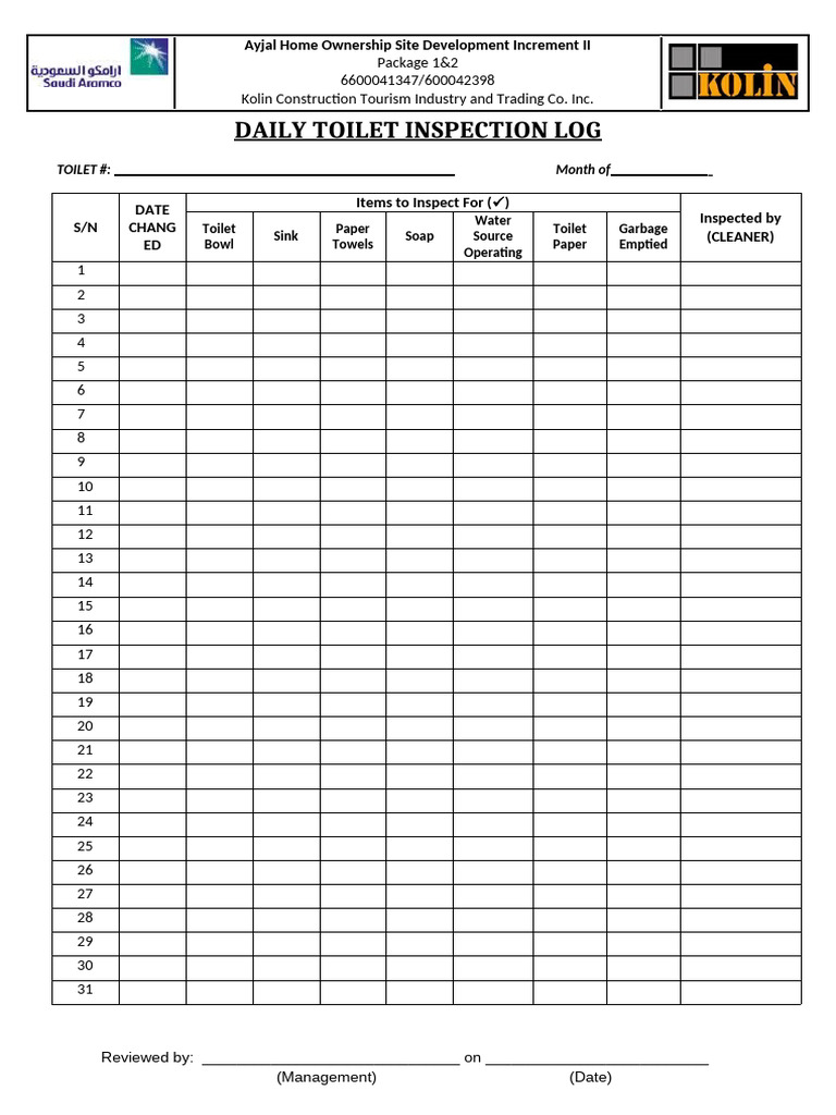 Daily Toilet Inspection Log Template | PDF