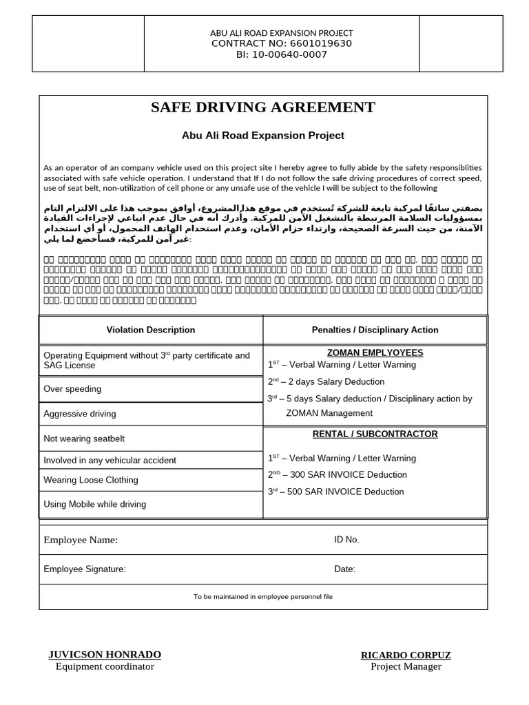 Safe Driving Contract For Contractors Agreement | PDF
