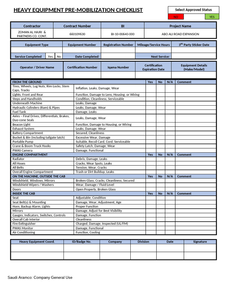 Heavy Equipment Pre-Mobilization Checklist | PDF | Truck | Leak